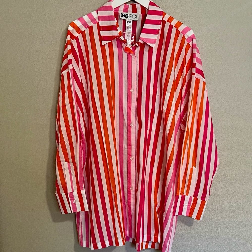 NWT Beach Riot Striped Swim Cover Up Shirt - Pink, Orange and White